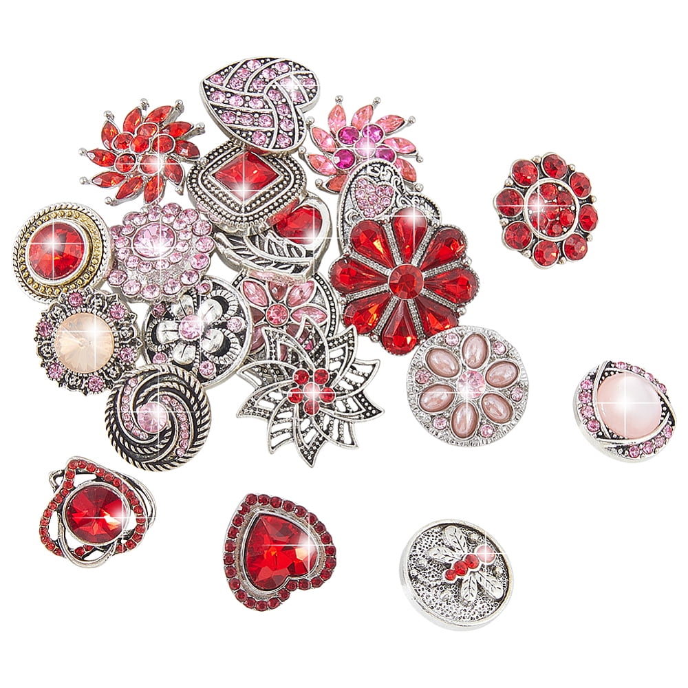 24Pcs 2 Colors Alloy Rhinestone Snap Buttons Heart Platinum Mixed Color 18~27x18~27x7~12mm 12pcs/color