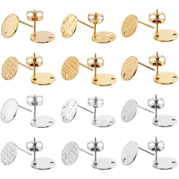 24Pcs 2 Colors Flat Round Stud Earring Findings Textured Blank Earrings Stainless Steel Earring Post with Loop Disc Charms Earrings for DIY Jewelry Craft Making Hole: 1.2-1.4mm Mixed Color