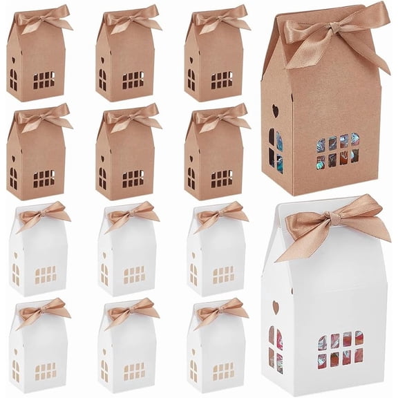 24Pcs 2 Colors House Party Gift Boxes 2.8x2x4.9" Candy Storage House Boxes with Ribbon Hollow Paper Treat Cases for Desserts Christmas Valentine's Ornament Container