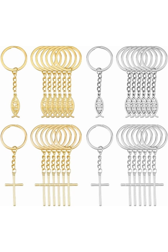 24Pcs 2 Colors Jesus Fish & Cross Keychains with Tibetan Style Pendants Bulk Alloy Keyrings Charms Silver Gold-Colored Key Chains with Iron Split Key Rings