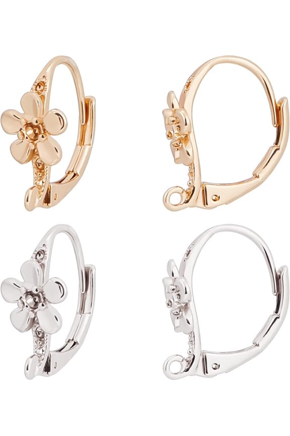 24Pcs 2 Colors Leverback Earring Findings 18K Gold Platinum Plated French Earring Hooks Flower Pattern Interchangeable Dangle Ear Wire Findings for Spring Summer Jewelry Making