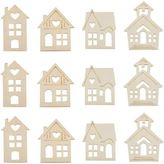 24Pcs 2 Sizes Christmas Wood Ornaments Unfinished House Shape Tag Slices Tree Home Hanging Craft Wooden Cutouts Embellishments