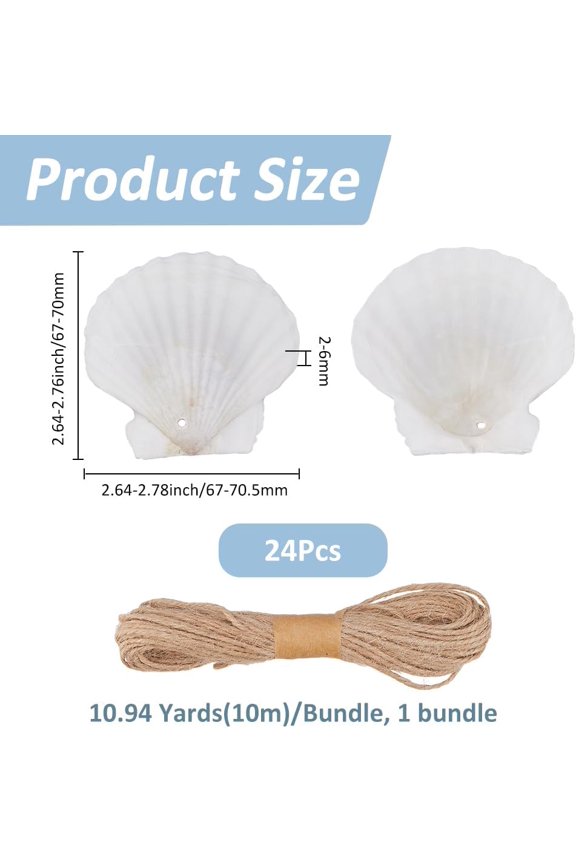 24Pcs 2 Sizes Seashell Beach Christmas Ornaments Hanging String Seashells Hanging Decorations Perforation Scallop Shells with Rope for Wedding Birthday Craft Christmas Tree