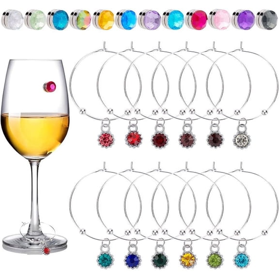 24Pcs 2 Style Rhinestone Wine Glass Charms Sets Drink Markers Tags Wine Identification Markers for Cocktail Champagne Party Favors Decoration 12Pcs/Style Mixed Color