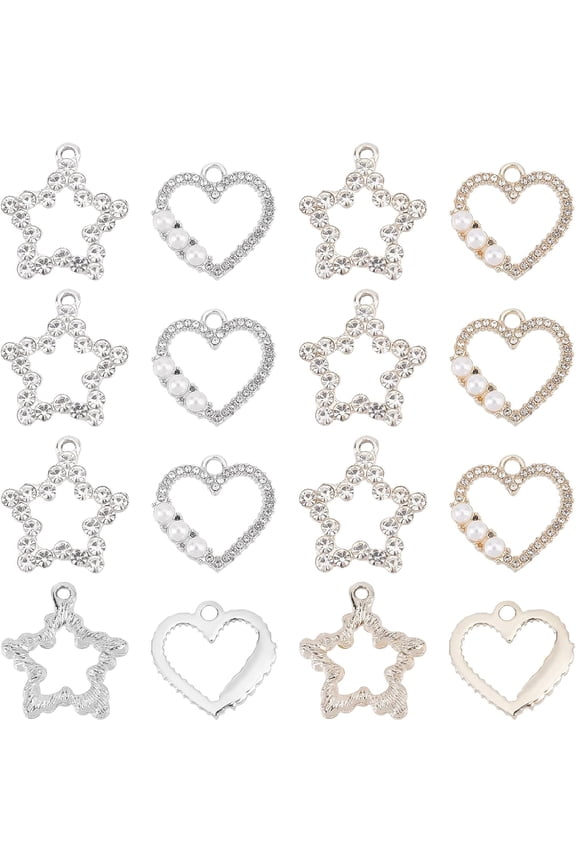 24Pcs 2 Style Star Heart Alloy Pendants Alloy Pendants with Imitation Pearl Alloy Pendants with Crystal Rhinestone for Necklace Choker Jewelry Making Hole: 2mm