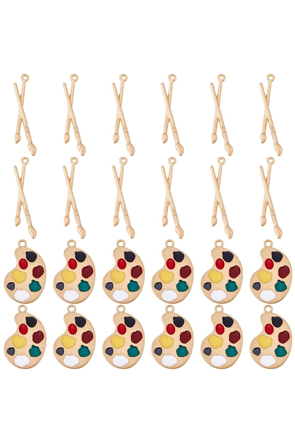 24Pcs 2 Styles Alloy Pendants Paintbrush & Enamel Palette Charms Matte Gold Color 45x11x3.5mm Hole: 1.6mm