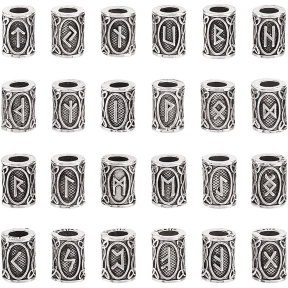 24Pcs 24 Style Norse Beads Alloy Column Spacer Beads 13x8.5mm Silver European Bead Large Metal Hair Bead for Braids Metal Tube Beads for DIY Jewelry Making Hole: 5.2mm