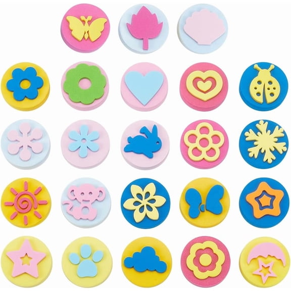 24Pcs 24 Styles Eva Painting Sponges Paint Stamper Kit 4CM Double Side Assorted Shapes Animals Flower Heart Snowflake Foam Art Drawing for Craft Accessories Colorful