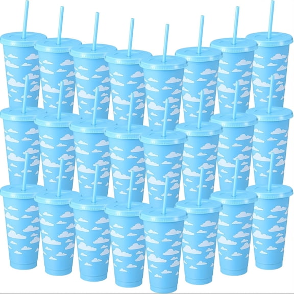 24Pcs 24 oz Plastic Cups with Lids and Straws, Reusable Blue Bow Decor Bridesmaid Cups for Bachelorette Parties, Outdoor Camping and Sporting Events & Wedding Bridal Engagement Baby Shower