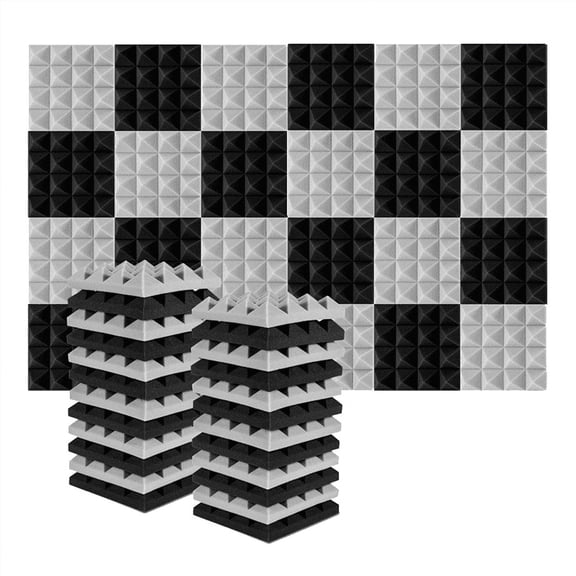 24Pcs 25X25X5Cm Studio Acoustic Soundproof Foam Pyramid Noise Insulation Sound Absorption Treatment Panels Black+Gray,24 x Acoustic foam,Black&Gray