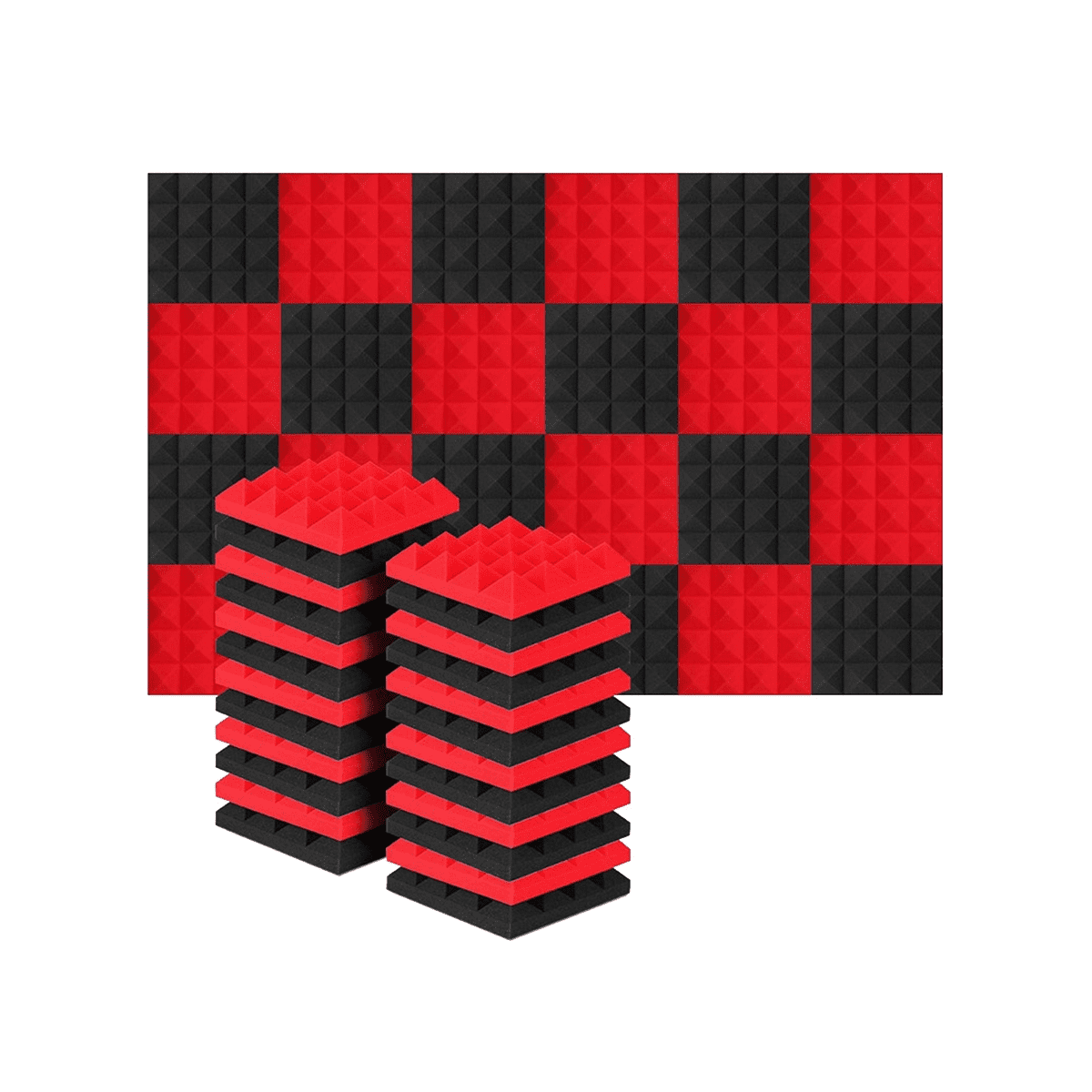 24Pcs 25X25X5Cm Studio Acoustic Soundproof Foam Pyramid Noise Insulation Sound Absorption Treatment Panels Black+Red