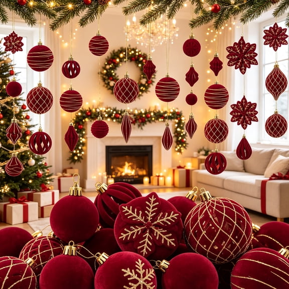 24Pcs 3.15 Inch Flocked Christmas Ball Ornament Kit, Flat Pack Easy Storage Seasonal Pendant, Uniform Finish Long Lasting Decor, For Xmas Tree Entryway Holiday Gathering Decor