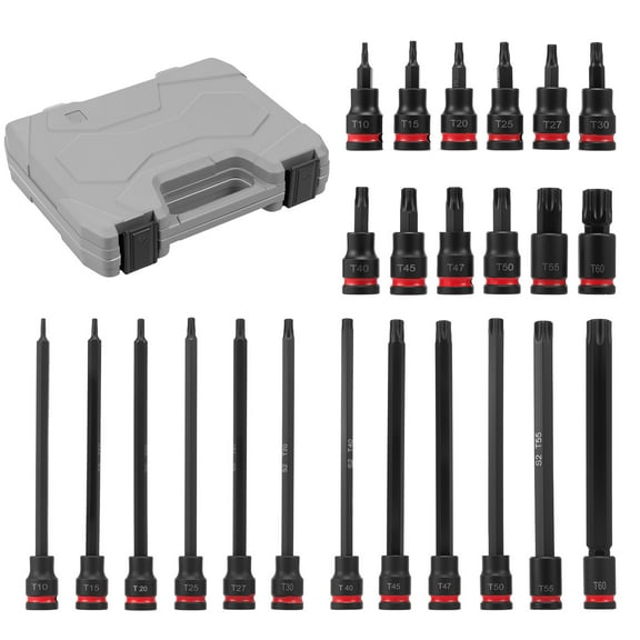 24Pcs 3/8" Drive T10 to T60 Impact Torx Bit Set Easy Access Shock Resistant Torx Driver Bit Sleeve Set for Professional Project Mechanical Maintenance Heavy Duty Task