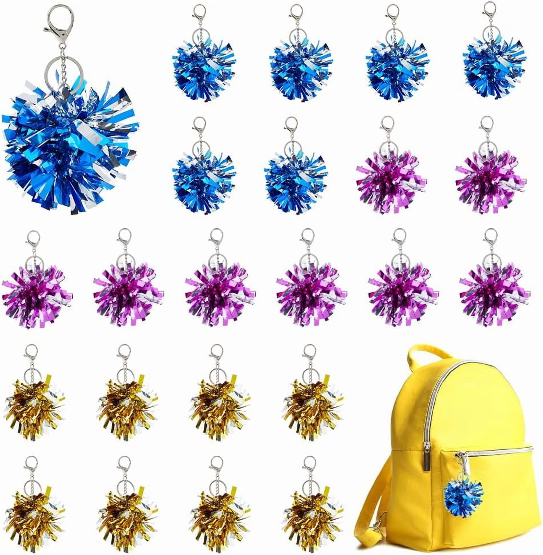 24Pcs 3 Colors Cheer Pom Pom Keychain Foil Cheerleader Keyring PE Cheerleading Keychain Cheer Keychain for Girls Women Cheer Bag Jewelry Accessories Cheer Camp Gifts