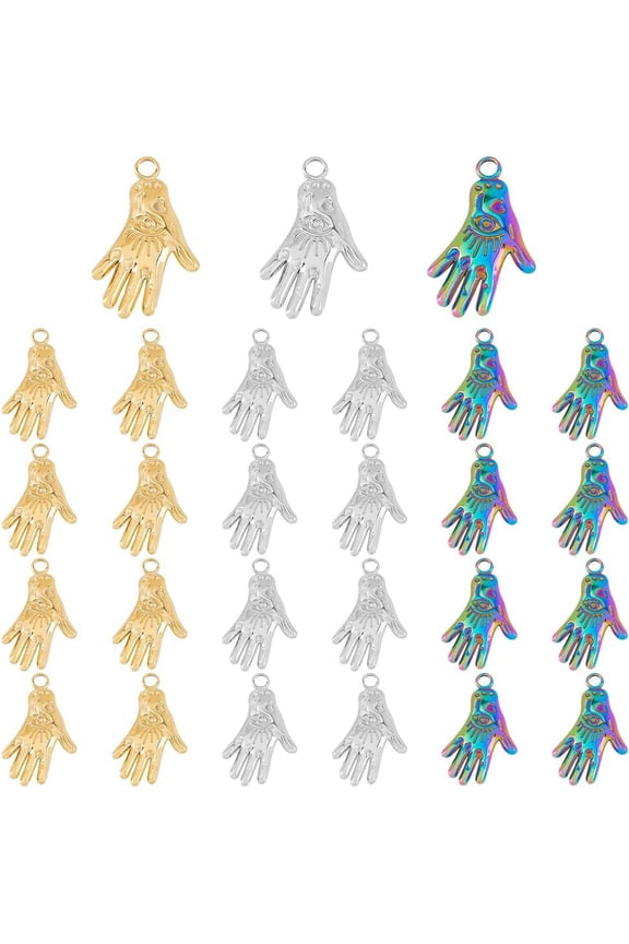 24Pcs 3 Colors Hand charms Stainless Steel Hand Charms Asymmetrical Magic Gesture Charms with Heart Pattern for DIY Jewelry Making Hole: 2mm