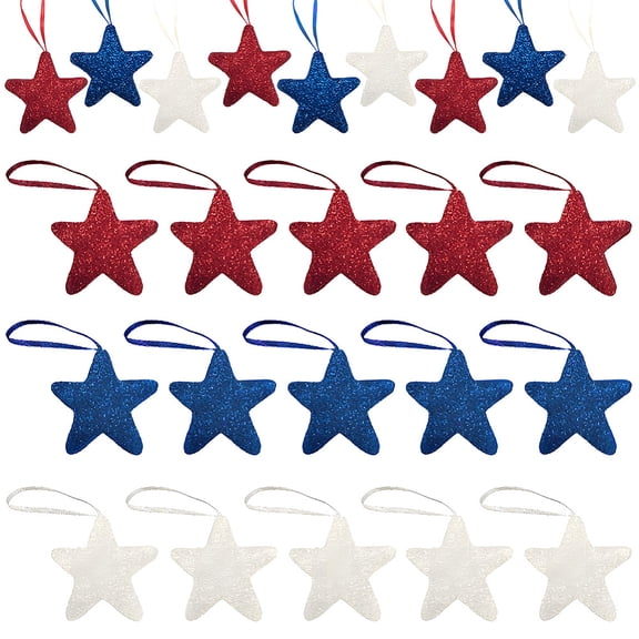 24Pcs 3 Colors Hanging Star Ornament Independence Tree Decorations Red Blue White Foam 4th of July Memorial Labor Stars Pendant