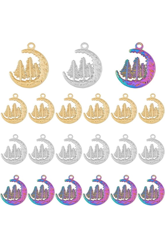 24Pcs 3 Colors Moon Charms Textured Moon with Tree Pendants Golden/Rainbow/Stainless Steel Crescent Moon Charms Curved Metal Pendants for DIY Jewelry Making Hole: 2mm Mixed Color