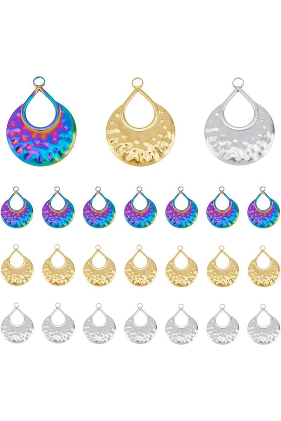 24Pcs 3 Colors Texture Teardrop Pendants Hollow Water Drop Pendants Golden Geometric Pendants Rainbow Color Charms Stainless Steel Pendant for Jewelry Making Hole: 2.5mm for DIY