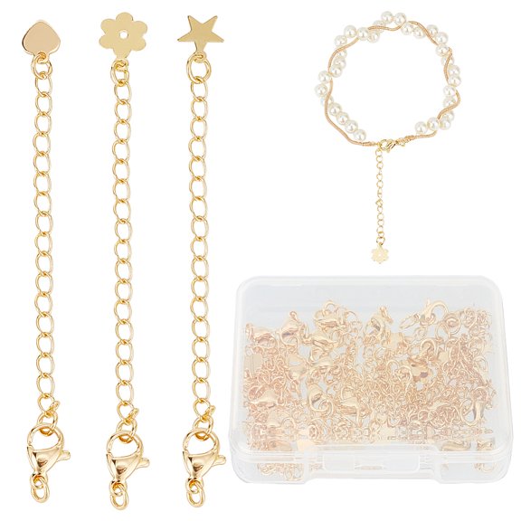 24Pcs 3 Style Long-Lasting Plated Brass Curb Chain Extender End Chains with Lobster Claw Clasps and Chain Tabs Heart & Flower & Star