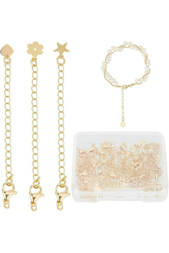 24Pcs 3 Style Necklace Extenders Chain 18K Gold Plated Brass Chain Extender Filled Links Long Extenders with Lobster Claw Clasps Charm Heart Flower Star for Bracelet Jewelry Making 2.8Inch