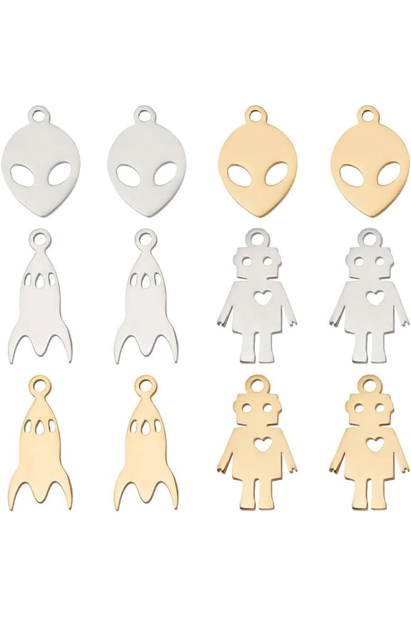 24Pcs 3 Styles Aerospace Themed Charms Stainless Steel Rocket Robot Alien Pendants Gold Color Space Universe Charm for DIY handcrafting