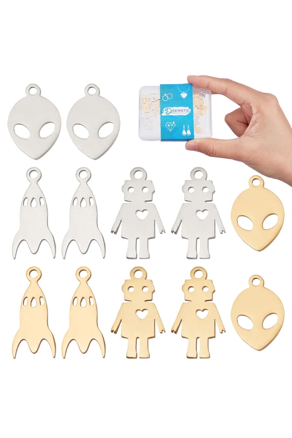 24Pcs 3 Styles Aerospace Themed Charms Stainless Steel Rocket Robot Alien Pendants Gold Color Space Universe Charm for Jewelry Making