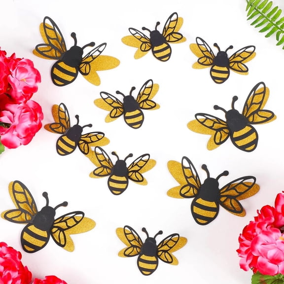 24Pcs 3D Double Glitter Bee Sticker Realistic Shiny Wall Decor Decal For Family Party Outdoor Theme Decoration Balcony Garden Patio