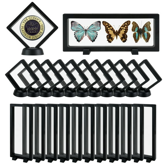24Pcs 3D Floating Display Case, Black Challenge Coin Display Holder Stand, Transparent Film Jewely Storage Box for Antique Challenge Coins Jewelry Shells Minerals Rocks Medals Gems Specimen Pins