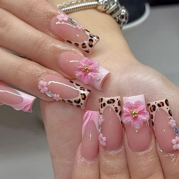 24Pcs 3D French Tip Press on Nails Long Square Flower Fake Nails with Rhinestones Design Pink False Nails Leopard Coffin Tip Stick on Nail Spring Summer Acrylic Nail Floral Glue on Nails for Women