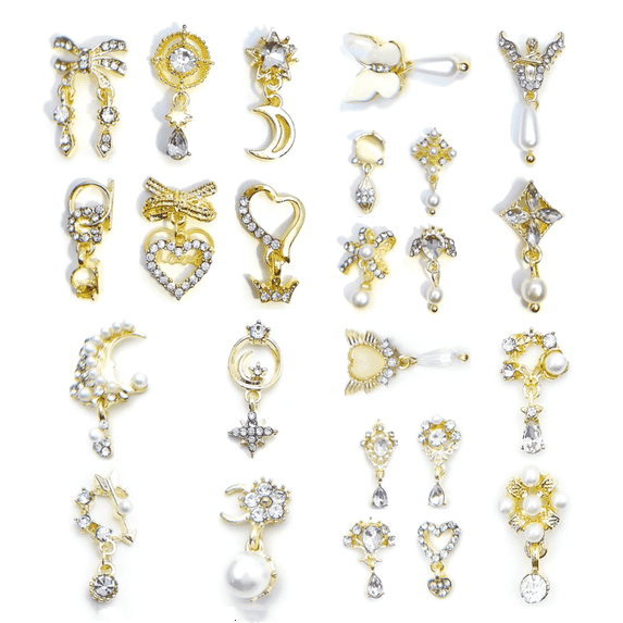 24Pcs 3D Gold Nail Charms,Jademall Dangle Flat Back Rhinestones Crystal Gems Diamond Nail Pearl Hollow Alloy Nail Studs Heart Butterfly Nail Decoration for DIY Craft Jewelry Making Accessories