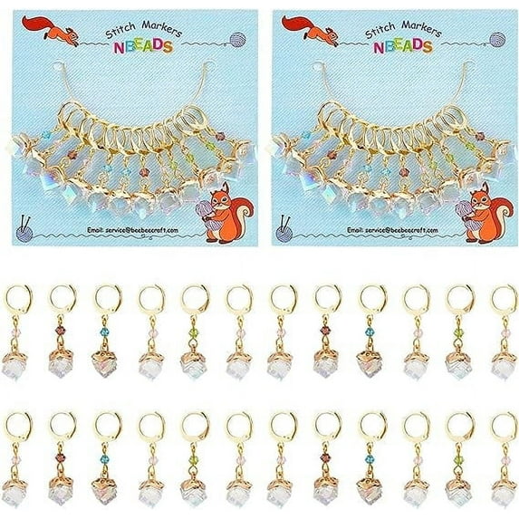 24Pcs 4 Colors Crystal Diagonal Cube Stitch Markers, 304 Stainless Steel Leverback Earring Findings Removable Locking Stitch Marker for Knitting Weaving Sewing Accessories