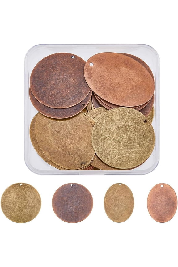 24Pcs 4 Style Brass Stamping Blanks Tags Pendant Charms Flat Round Smooth Tag Charms Oval Mixed Color Minimalism Blank Pendant for DIY Jewelry Making ID Name Tags Hole 1~1.5mm