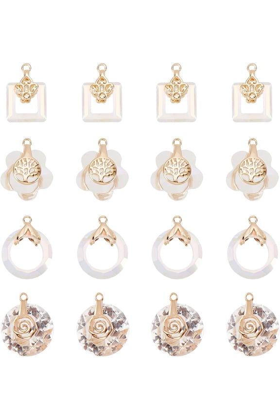 24Pcs 4 Style Electroplate Glass Pendants with Light Gold Plated Brass Findings Faceted Flower/Ring/Rectangle/Flat Round Mixed Color 16~18x10~14x5.5~10mm Hole: 1~1.2mm 6pcs/style