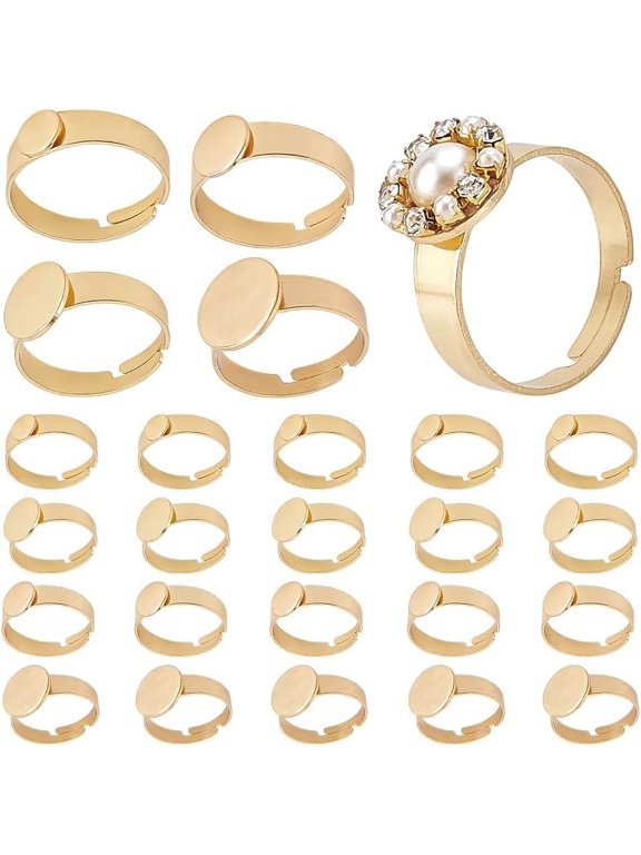 24Pcs 4 Styles Adjustable 304 Stainless Steel Finger Rings Components Pad Ring Base Findings Flat Round Real 18K Gold Plated Tray: 8~12mm for Handmade