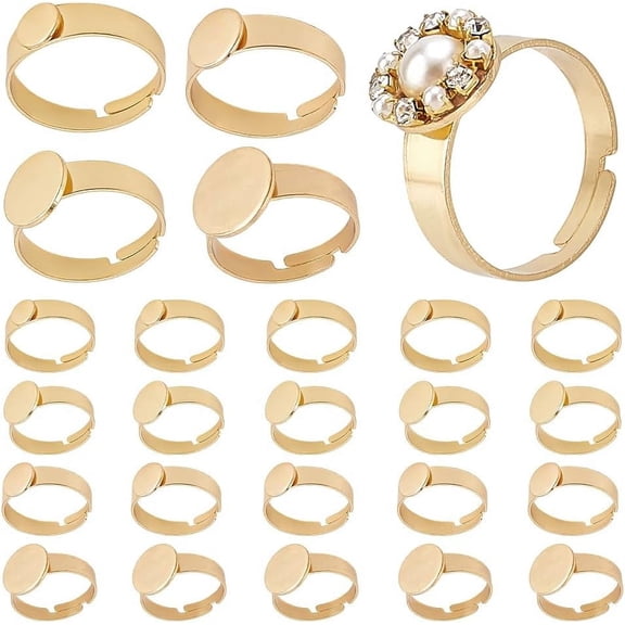 24Pcs 4 Styles Adjustable 304 Stainless Steel Finger Rings Components Pad Ring Base Findings Flat Round Real 18K Gold Plated Tray: 8~12mm diy