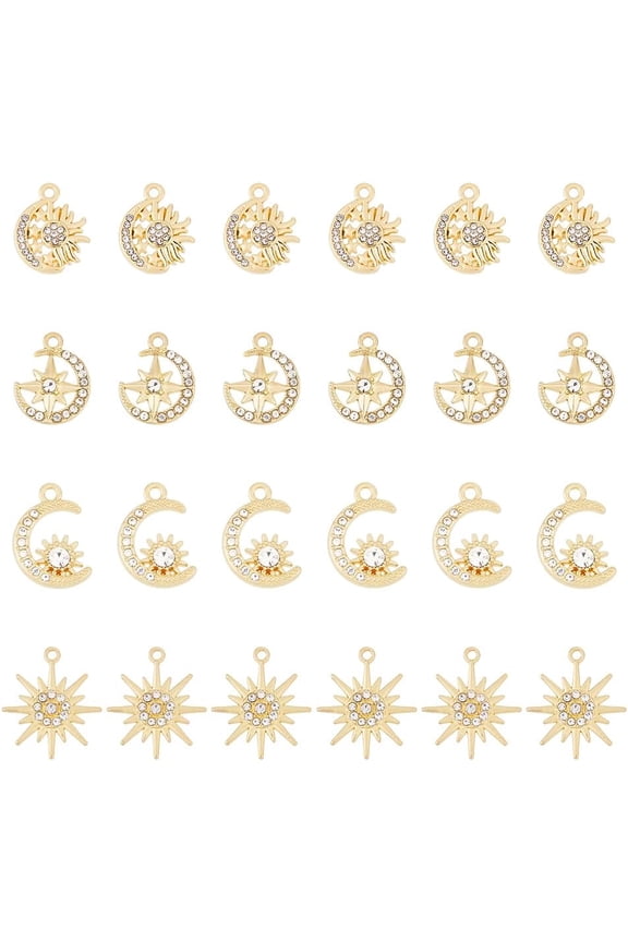 24Pcs 4 Styles Alloy Sun Moon Star Charms Rhinestone Crystal Sun Charms Golden Celestial Charms for Jewelry Making Bracelets Necklace Hole: 1.4-1.8mm