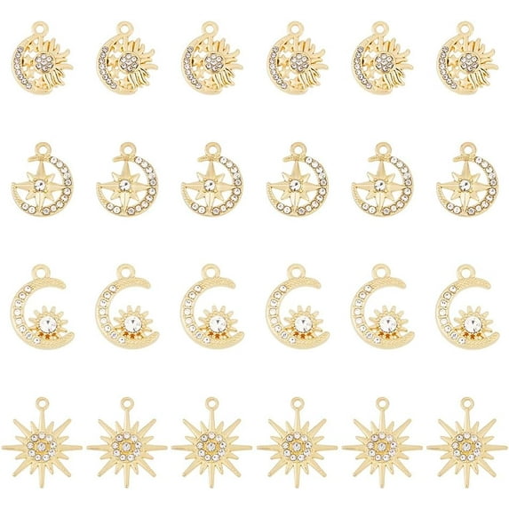 24Pcs 4 Styles Alloy Sun Moon Star Charms Rhinestone Sun Charms Golden Celestial Charms for Jewelry Making Bracelets Necklace Hole: 1.4-1.8mm White DIY