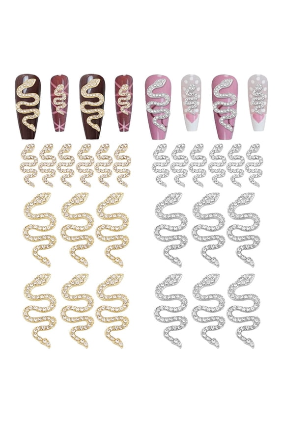 24Pcs 4 Styles Snake Nail Art Charms Snake with Rhinestones Nail Art Studs Gold Silver 3D Nail Art Decorations Snakes Theme Nail Rhinestones