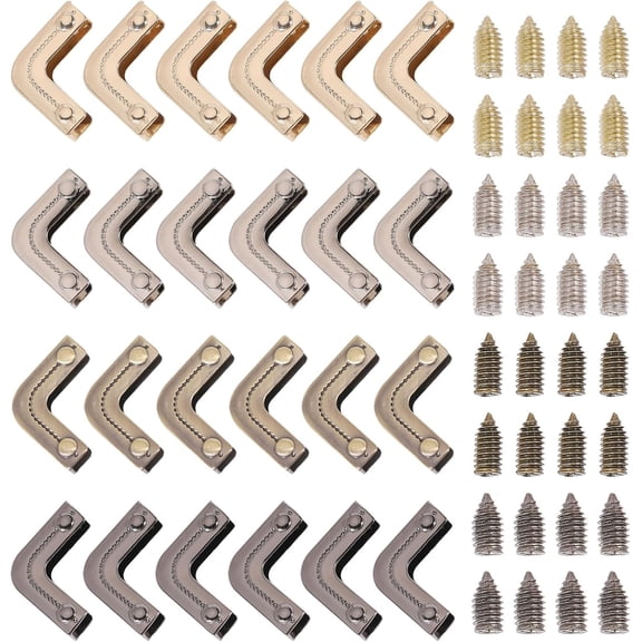 24Pcs 4 Styles Zinc Alloy Purse Decorative Edge Hardware Bag Corner Protector with Iron Screws L-shaped Mixed Color 2.4~3.x2.4x0.7~0.75cm Hole:2.3~2.4mm 6pcs/style