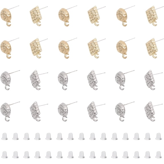 24Pcs 4Styles Alloy Stud Earring Findings Rack Plating with 925 Sterling Silver Pins and Vertical Loops with 30Pcs Plastic Ear Nuts Platinum and Light Gold for DIY