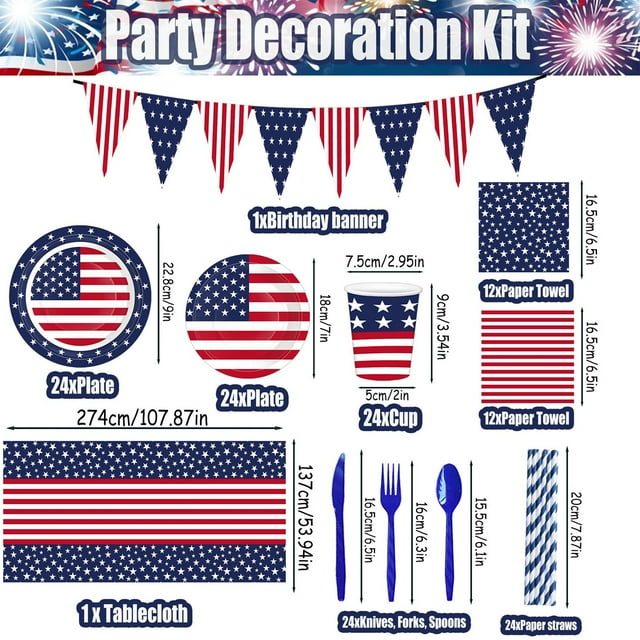 24Pcs 4th of July Decorations Patriotic American Flag Party Supplies, 4th of July Disposable Paper Plates Cups Napkins Cutlery Forks Spoons Straws Red White Blue,Memorial Day Decorations(Knife)