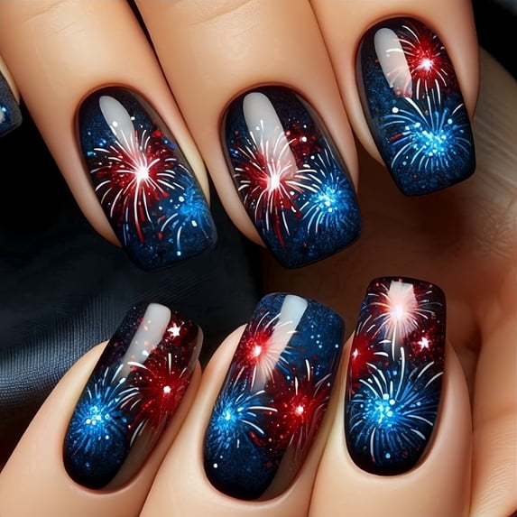 24Pcs 4th of July Patriotic Nails, Independence Day American Flag Nail Art for Women Girls, Red Blue Fireworks Medium Square Fake Nails
