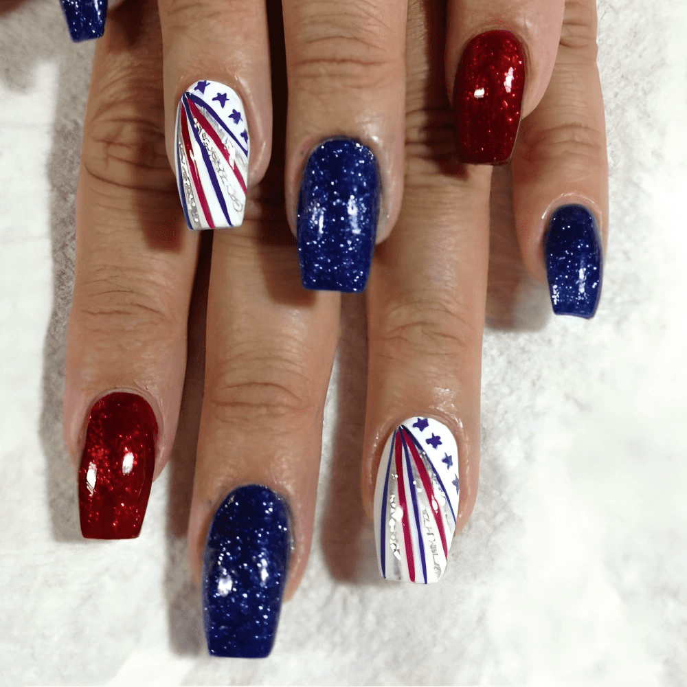 24Pcs 4th of July Press on Nails - Red White Blue Glitter Patriotic Fake Nails Full Cover False Nails with Stars (Independence Day)