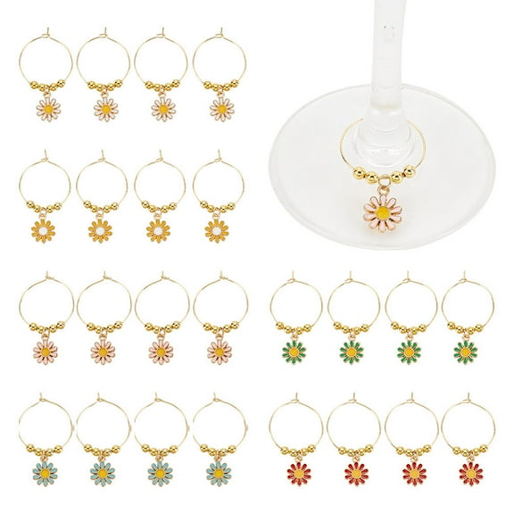 24Pcs 6 Colors Brass Wine Glass Charms with Alloy Enamel Charms Flower Mixed Color 46mm 4pcs/color