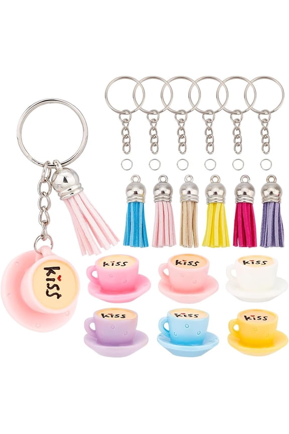 24Pcs/6 Sets Round Tea Cups Keychain Kit Resin Keychain Making Kit Love Coffee Cup Keychain Accessories Coffee Cup Pendants with Tassels Keychain Rings for DIY Keychain Jewelry Making Mixed Color