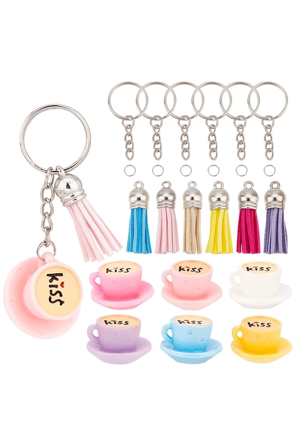 24Pcs/6 Sets Round Tea Cups Keychain Kit Resin Keychain Making Kit Love Coffee Cup Keychain Accessories Coffee Cup Pendants with Tassels