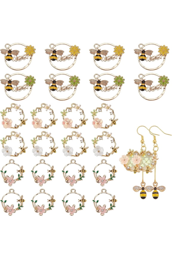 24Pcs 6 Style 20-22mm Enamel Flower Bee Pendant Charms Alloy Enamel Honeybee Charms with Clear Cubic Zirconia Rhinestone Bee Pendants Charms Bulk