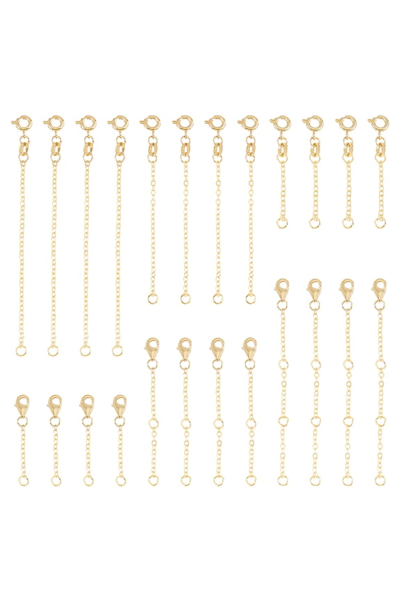 24Pcs 6 Style Brass Cable Chain Extender End Chains with Spring Ring Lobster Claw Clasps Real 18K Gold Plated 30~80x2mm 4Pcs/style