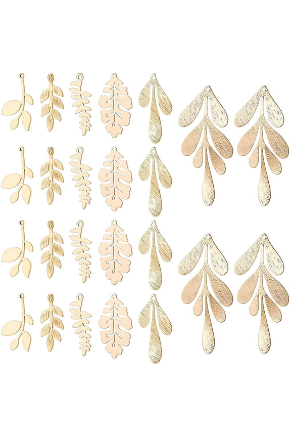 24Pcs 6 Style Brass Pendants Leaf Real 18K Gold Plated 25~61.5x11~19x1~2.5mm Hole: 1~1.6mm 4pcs/style DIY