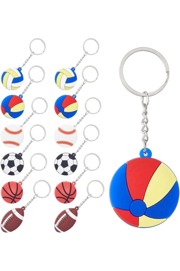 24Pcs 6 Style PVC Plastic Pendant Keychain Sports Goods Keychain with Platinum Plated Iron Split Key Rings Sports Themed Pattern 9.85-10.85cm for DIY